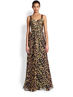 La Femme Leopard Print Chiffon Gown   Brown