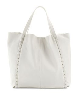 Stud Trimmed Slouchy Italian Leather Tote Bag, Latte White