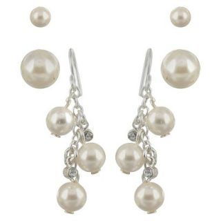 Trio 2 Pearl Post and Crystal Drop Dangle Earring Set   Cream