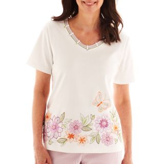 Alfred Dunner Cape Cod Short Sleeve Floral Appliqué Border Top, White