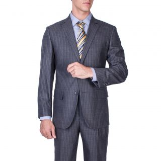 Mens Modern Fit Grey Striped Wool 2 button Suit