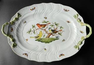 Herend Rothschild Bird (Ro) 18 Handled Oval Platter, Fine China Dinnerware   Bi