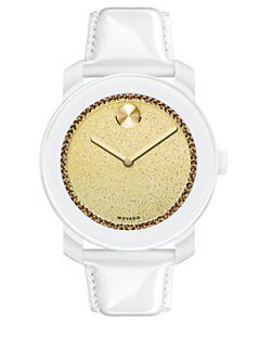 Movado Bold Large Crystal & Patent Leather Glitter Strap Watch/Gold   White Gold