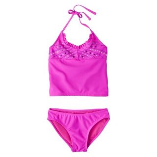 Girls 2 Piece Haltered Sequin Tankini Swimsuit Set   Pink XL