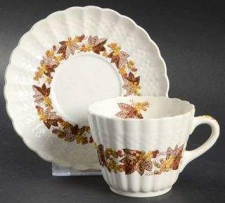 Spode Madeira Flat Cup & Saucer Set, Fine China Dinnerware   Brown Leaves,Rust &