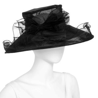 Scala Feather Organza Dressy Derby Hat, Black, Womens