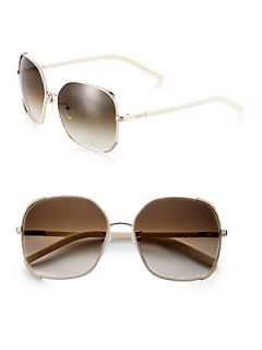 Chloe Leather & Metal Round Sunglasses   Cream