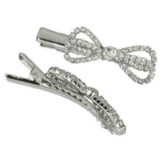 2 Pieces Crystal Bow Clips   Silver