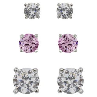 Sterling Silver Cubic Zirconia Trio Stud Earring Set   Pink/Clear