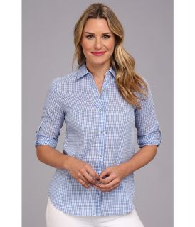 Anne Klein Gingham Roll Sleeve Shirt Womens Long Sleeve Button Up (Blue)