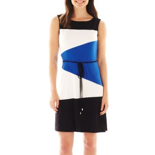 Studio 1 Sleeveless Belted Colorblock Dress, Blue/Black/Ivory