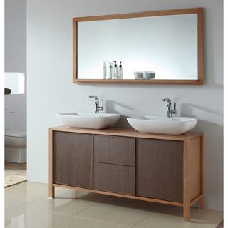 Legion Furniture Ceramic 59 inch Dual Basin Sink Bathroom Vanity With Matching Mirror Brown Size Double Vanities