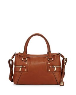 Zip Detailed Leather Tote Bag, Natural