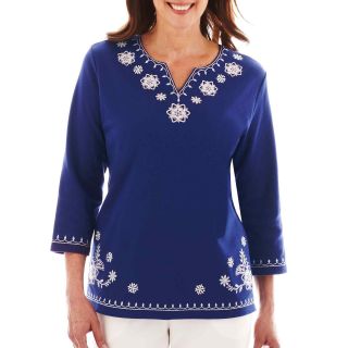 Alfred Dunner Smooth Sailing 3/4 Sleeve Embroidered Knit Top, Cobalt