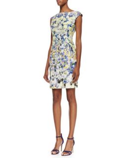 Cap Sleeve Watercolor Floral Print Dress, Multicolor   Kay Unger New York