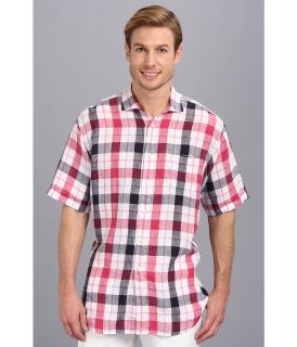 Thomas Dean & Co. Pink Linen Plaid S/S Button Down Shirt w/ Chest Pocket Mens Short Sleeve Button Up (Pink)