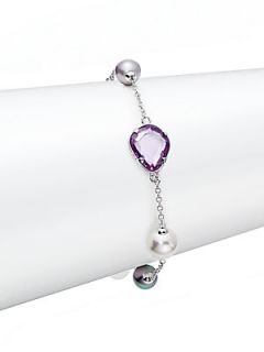 Majorica 8MM 10MM Grey Round Pearl, Crystal & Sterling Silver Station Chain Brac