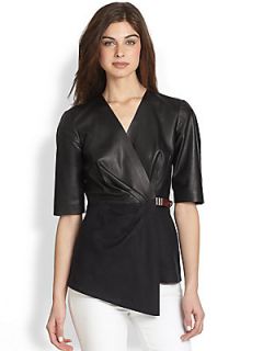 Lafayette 148 New York Mixed Media Leather Wrap Top   Black
