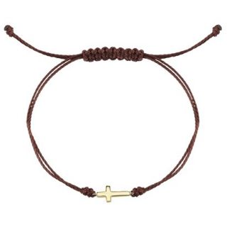Gold Plated over Sterling Silver Bracelet Brown Cord Cross   Gold/Brown
