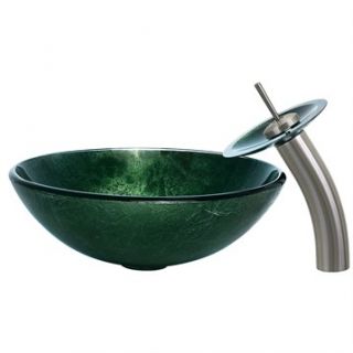 VIGO Emerald Glass Vessel Sink and Waterfall Faucet Set