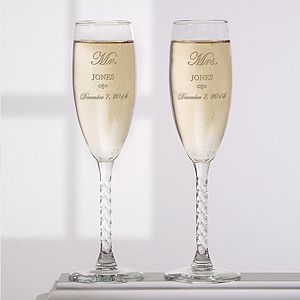 Personalized Crystal Wedding Champagne Flutes   Mr and Mrs Collection
