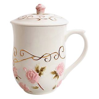 Pink Rose Mug with Lid, Ceramic 14oz