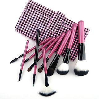 10PCS Professional Goat Hair Pink Handle Brush Set with Pink Plaid Case Cute Color