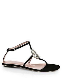 Gucci GG Crystal Leather & Suede Thong Sandals   Black
