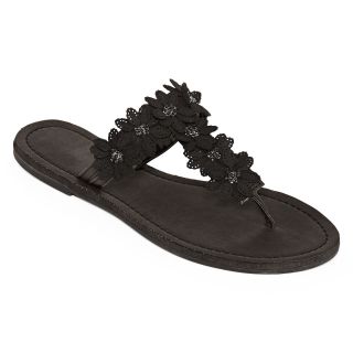 Flower T Strap Sandals, Black, Womens