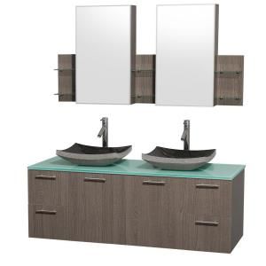Wyndham Collection Amare 60 in. Double Vanity in Grey Oak with Glass Vanity Top in Aqua and Black Granite Sinks WCR410060GOGRGS1MCDB