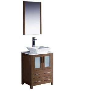 Fresca Torino 24 in. Vanity in Walnut Brown with Glass Stone Vanity Top in White and Mirror FVN6224WB VSL
