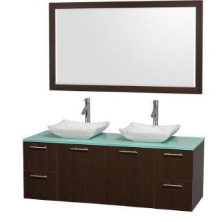 Wyndham Collection Amare 60 in. Double Vanity in Espresso with Glass Vanity Top in Aqua and Carrara Marble Sink WCR410060ESGRGS3M1DB
