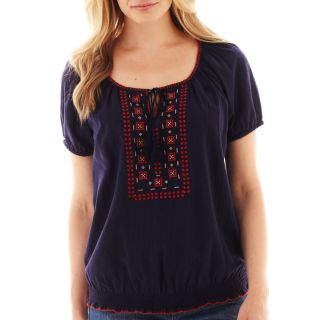 St. Johns Bay Short Sleeve Embroidered Peasant Top   Petite, Williamsburg Navy
