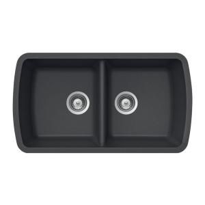 HOUZER Solido Series Undermount Granite 33x18.938x9.5 0 hole Double Bowl Kitchen Sink in Nero SOLIDO N 200 NERO
