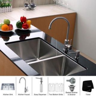KRAUS All in One Undermount 32 3/4x19x10 0 Hole Double Bowl Kitchen Sink with Stainless Steel Kitchen Faucet KHU103 33 KPF2160 SD20