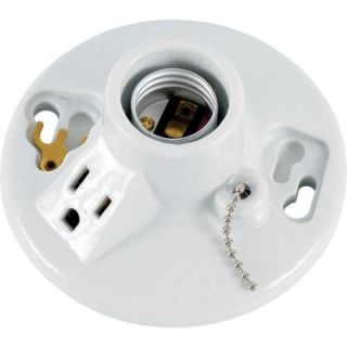 GE Porcelain Lampholder with White Pull Chain and Grounded Outlet 18305
