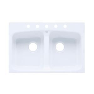 KOHLER Brookfield Tile In Cast Iron 33 in. x 22 in. x 8.625 in. 5 Hole Double Bowl Kitchen Sink in White DISCONTINUED K 5898 5 0