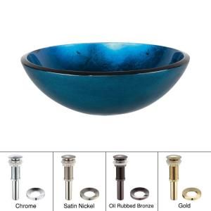 KRAUS Glass Vessel Sink in Irruption Blue with Pop up Drain and Mounting Ring in Satin Nickel GV 204 SN