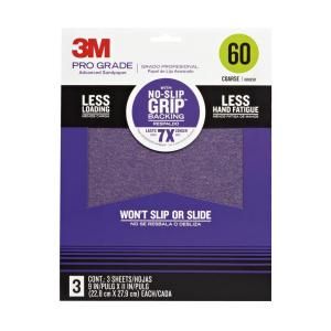 3M Pro Grade 9 in. x 11 in. 60 Grit Coarse No Slip Grip Advanced Sandpaper (3 Pack) 25060P G