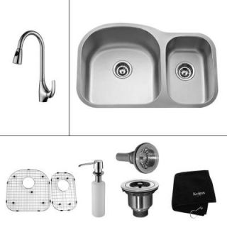 KRAUS All in One Undermount Stainless Steel 31 1/2x20 1/2x9 0 Hole Double Bowl Kitchen Sink with Chrome Kitchen Faucet KBU23 KPF1621 KSD30CH
