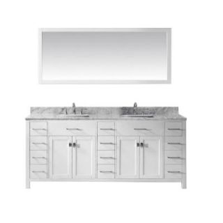 Virtu USA Caroline Parkway 78 in. Double Vanity in White with Marble Top in Italian Carrera White and Mirror MD 2178 WMSQ WH