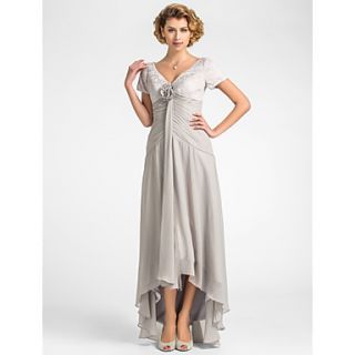 A line V neck Asymmetrical Lace And Chiffon Mother of the Bride Dress