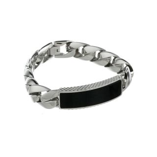Mens Stainless Steel & Black Onyx ID Curb Bracelet, White