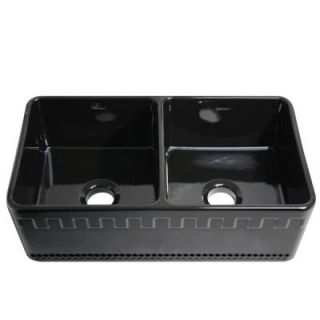 Whitehaus Reversible Apron Front Fireclay 33x18x10 0 Hole Double Bowl Kitchen Sink in Black WHFLATN3318 BL