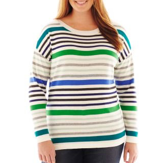 LIZ CLAIBORNE Long Sleeve Ballet Neck Striped Sweater   Plus, Marshmallow Multi