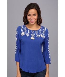 Lucky Brand Dazzling Embroidered Top Womens Blouse (Blue)