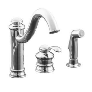 KOHLER Fairfax 3 Hole 1 Handle Mid Arc Side Sprayer Kitchen Faucet in Polished Chrome with Remote Valve K 12185 CP