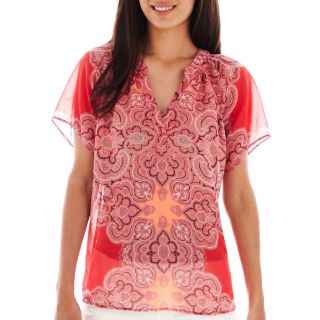 A.N.A Short Sleeve Smocked Neck Peasant Top   Petite, Regal Paisley