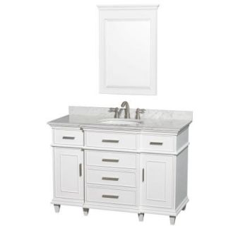 Wyndham Collection Berkeley 48 in. Vanity in White with Marble Vanity Top in Carrara White, Oval Sink and 24 in. Mirror WCV171748SWHCMUNRM24