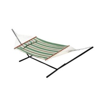 Smart Garden Nantucket 156 in. Quilted Cotton Reversible Double Hammock with Matching Pillow in Elm Green Stripe DISCONTINUED 51324 RELM